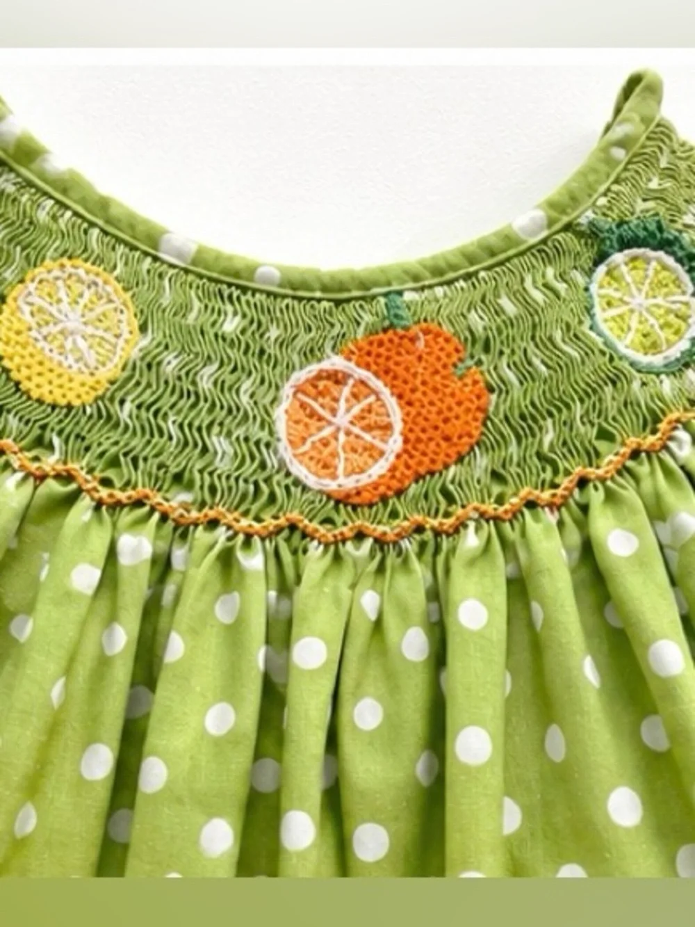 Ginger Hare Hand Smocked Citrus Bishop Dress 12M Green Polka Dot Boutique